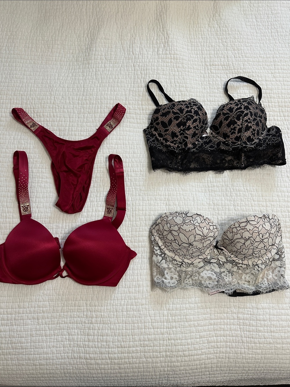 Victoria's Secret Wine & Black Lace Bra Set with Matching Thong